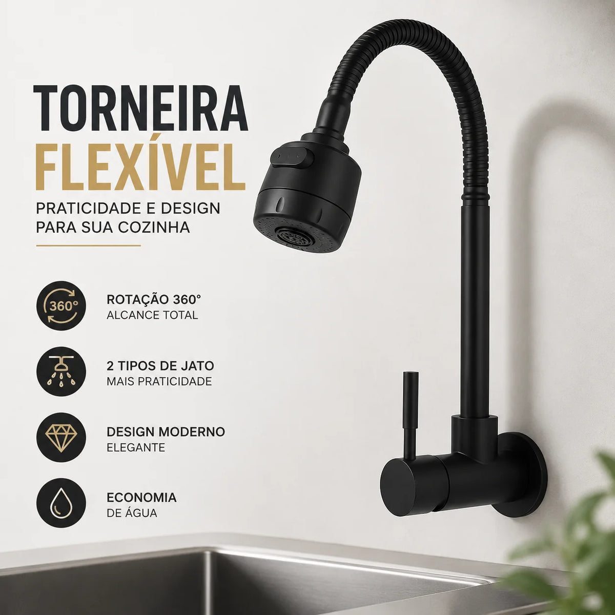 torneira cozinha parede preta flexível Duplo Jato Cone 1/4 de Volta