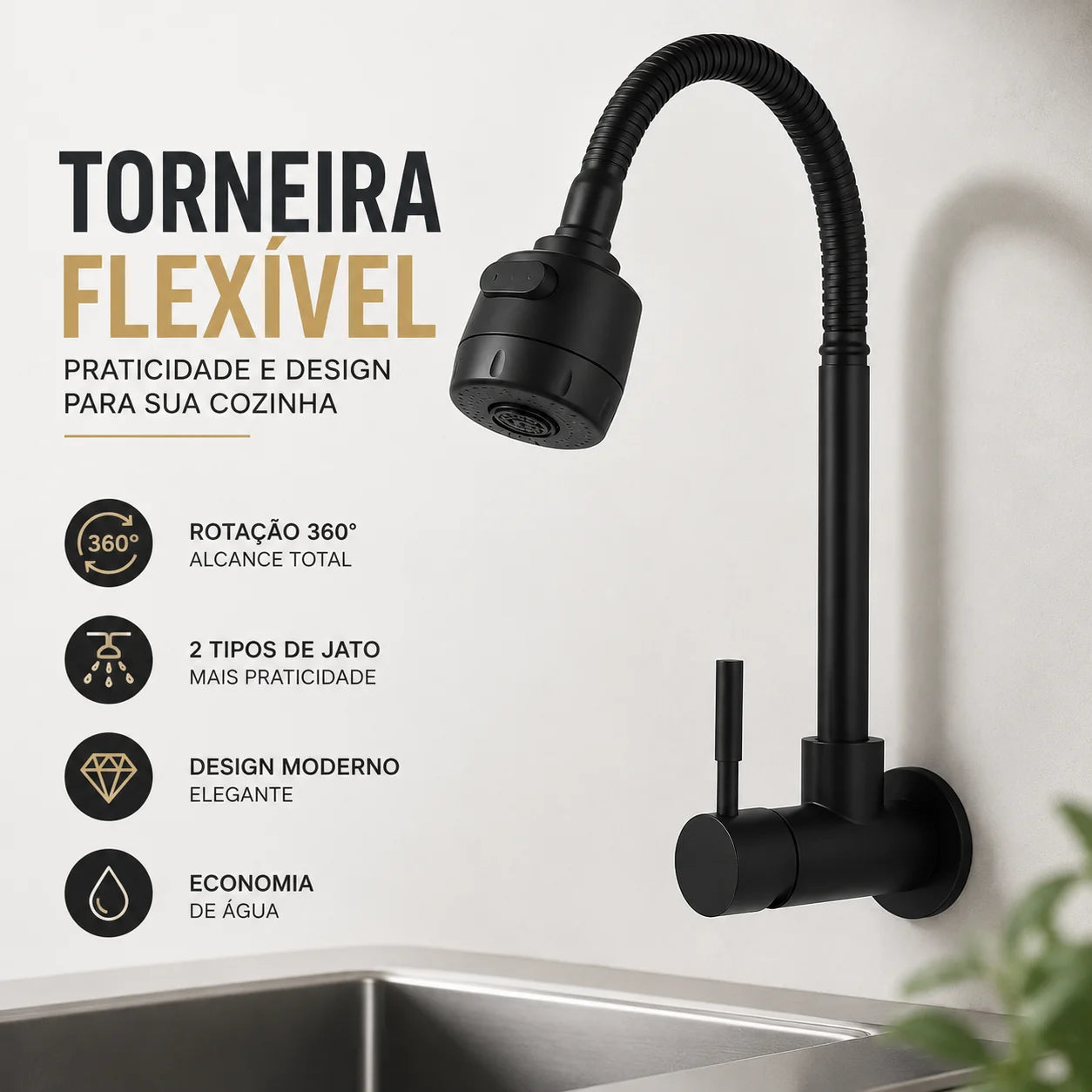 torneira cozinha parede preta flexível Duplo Jato Cone 1/4 de Volta
